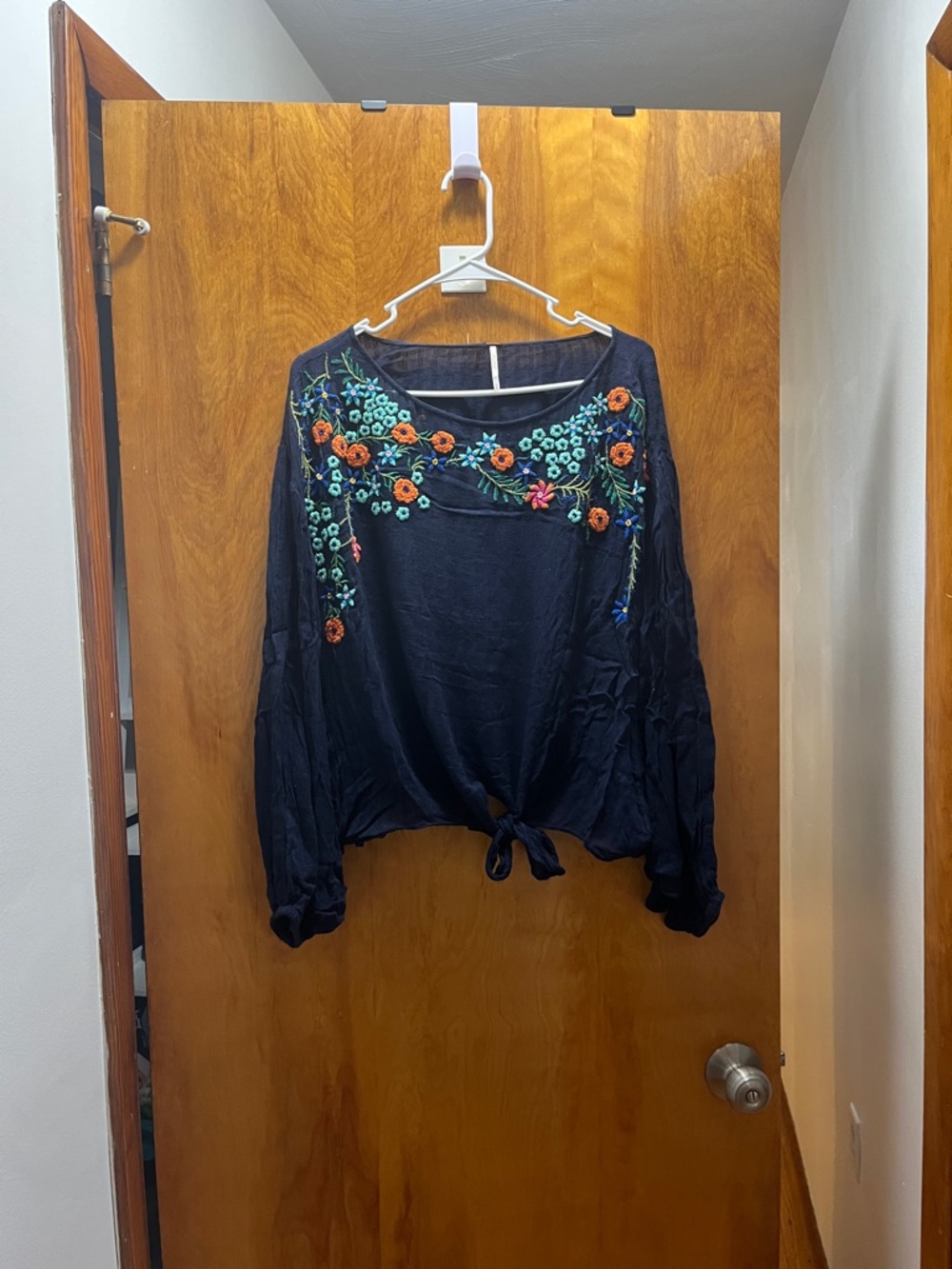 Free People Navy Embroidered Tie-Front Peasant Blouse